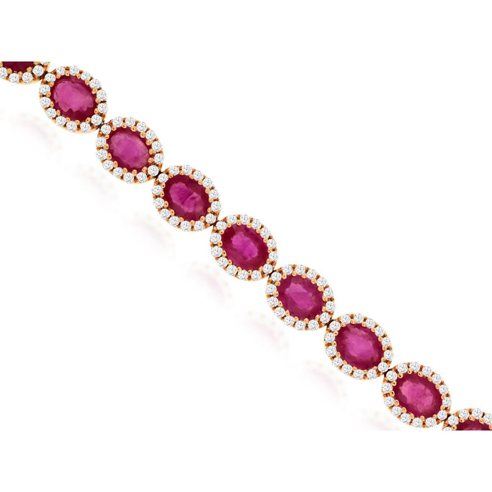 14K Rose Gold Tennis Bracelet with 6.45 Carat Oval Ruby and 1.20 Carat Diamond Halo Setting - Royal Jewelry