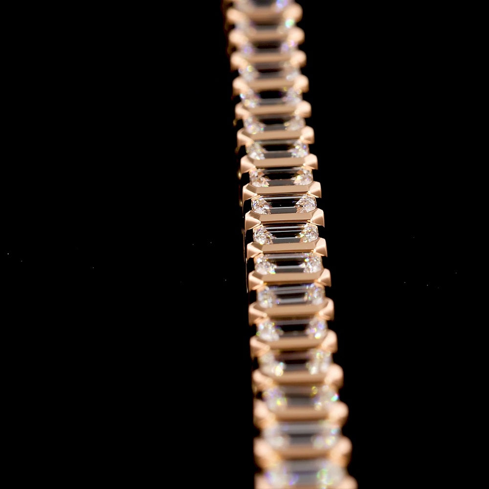 14K Rose Gold Tennis Bracelet with Bezel Set Emerald Cut Lab Diamonds - 7.16 Carats Total Diamond Weight - Covaloro Fine Jewelry