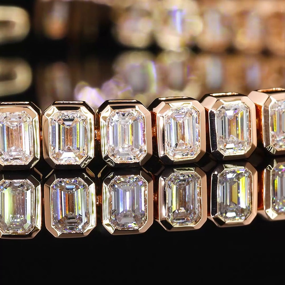 14K Rose Gold Tennis Bracelet with Bezel Set Emerald Cut Lab Diamonds - 7.16 Carats Total Diamond Weight - Covaloro Fine Jewelry
