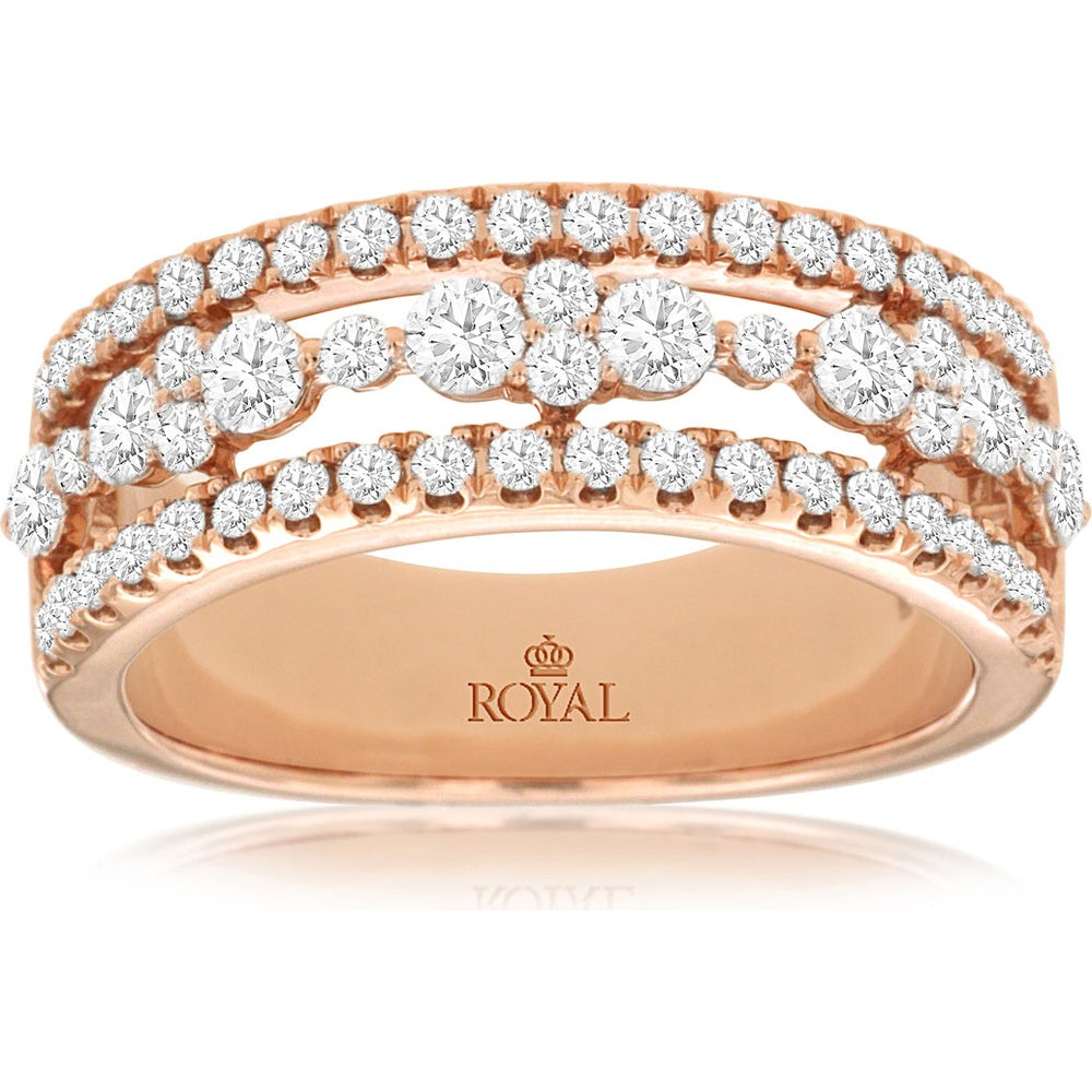 14K Rose Gold Three-Row Openwork Band with Prong-Set Round Diamonds - 1.00 Carat Total Diamond Weight - Royal Jewelry