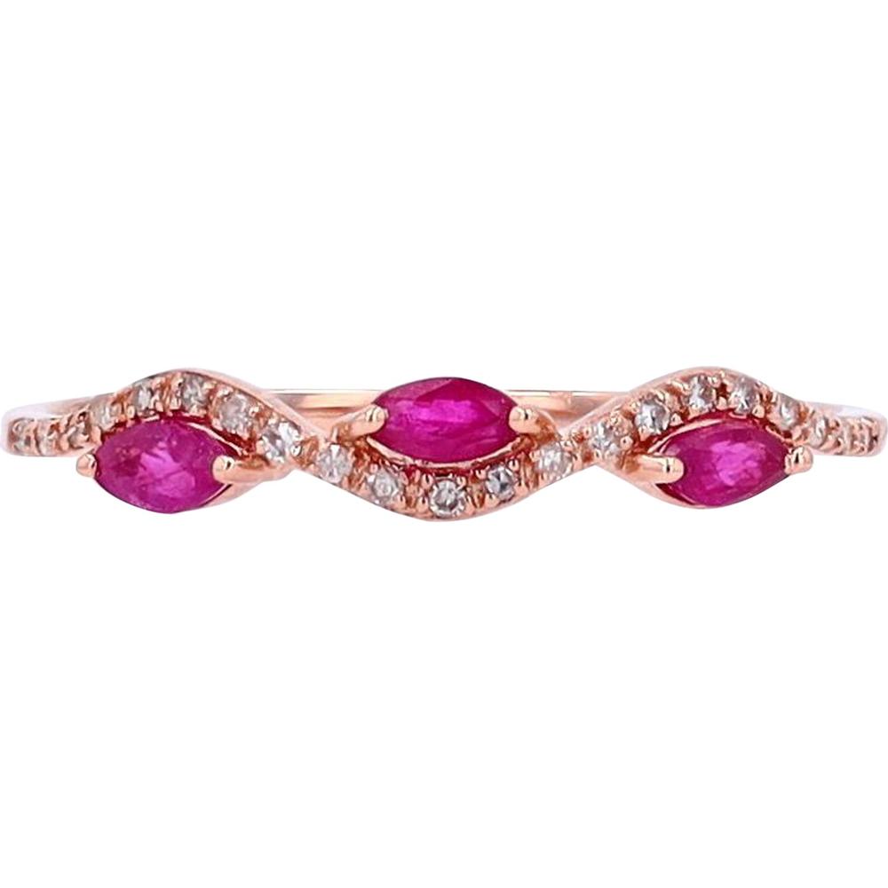 14K Rose Gold Three Stone Band with 0.29 Carat Marquise Rubies and 0.07 Carat Diamond Accents