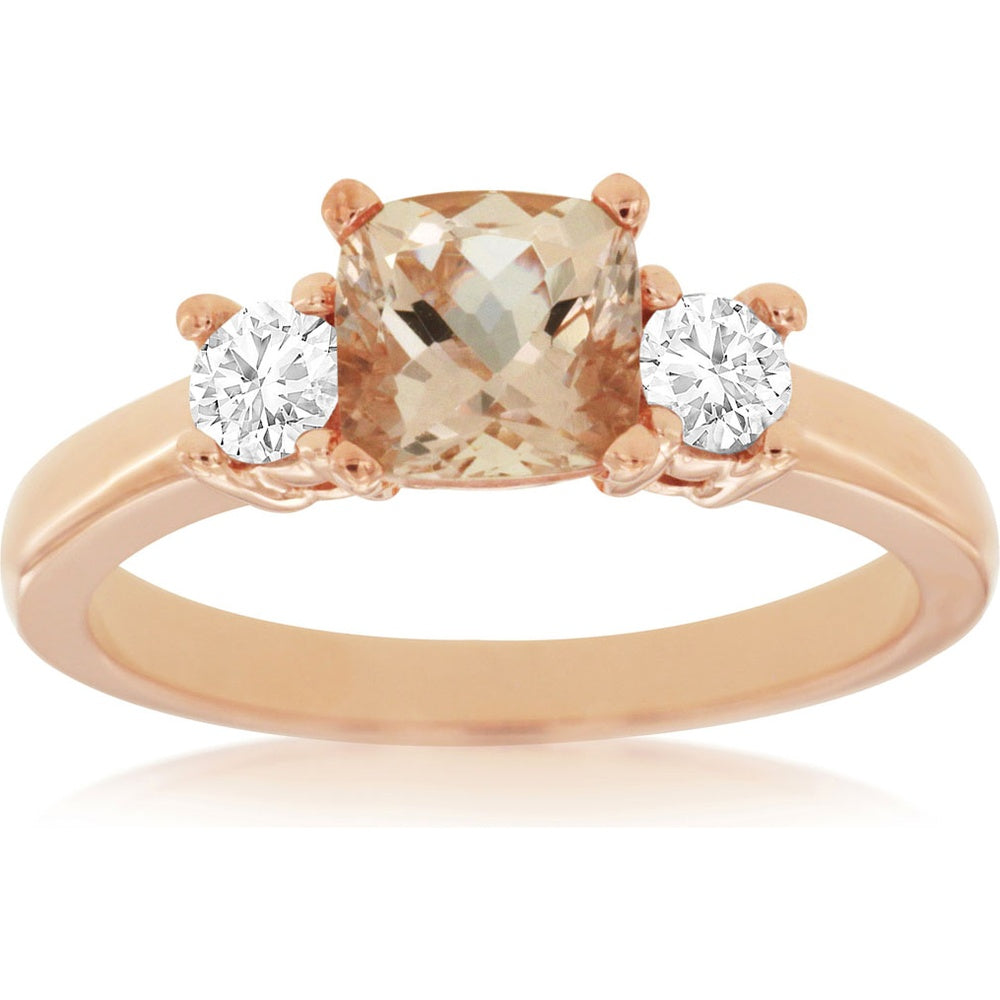 14K Rose Gold Three-Stone Ring with 0.85 Carat Cushion Cut Morganite and 0.30 Carat Round Diamond Accents - Royal Jewelry