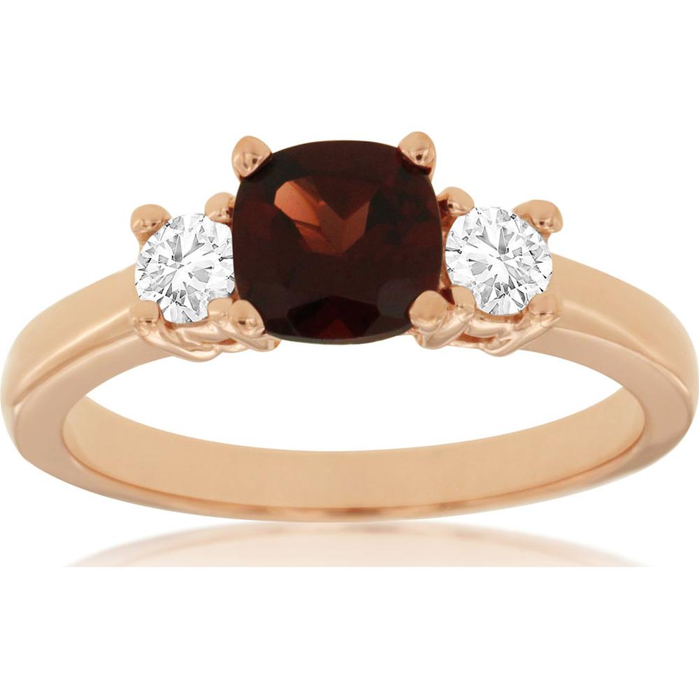 14K Rose Gold Three-Stone Ring with 1.20 Carat Cushion Cut Garnet and 0.30 Carat Round Diamond Accents - Royal Jewelry