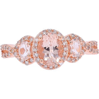 14K Rose Gold Three Stone Ring with Oval Morganite and Diamond Halo Accents - 0.20 Carat Total Diamond Weight