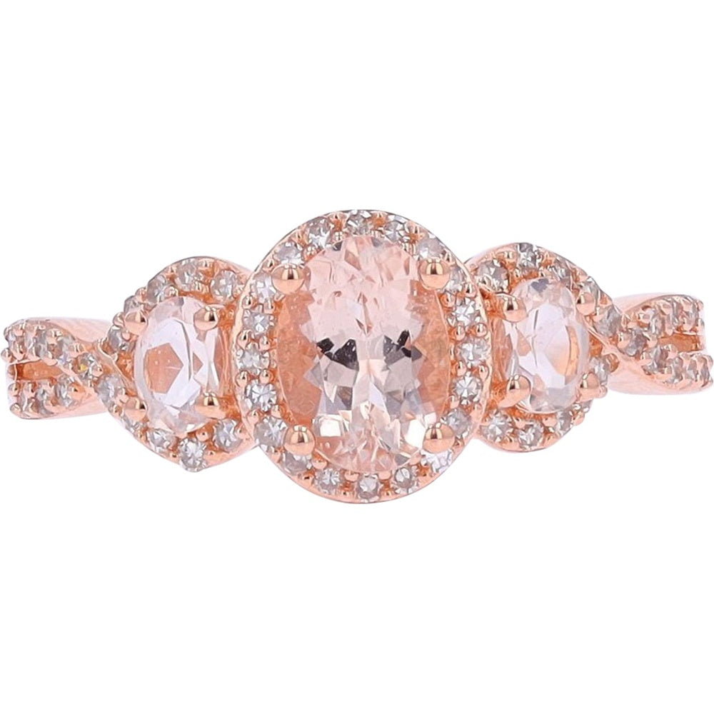 14K Rose Gold Three Stone Ring with Oval Morganite and Diamond Halo Accents - 0.20 Carat Total Diamond Weight