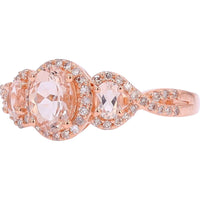 14K Rose Gold Three Stone Ring with Oval Morganite and Diamond Halo Accents - 0.20 Carat Total Diamond Weight