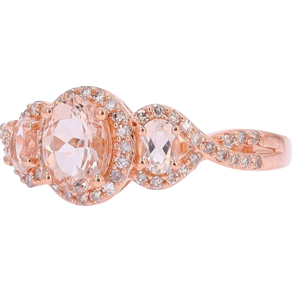 14K Rose Gold Three Stone Ring with Oval Morganite and Diamond Halo Accents - 0.20 Carat Total Diamond Weight
