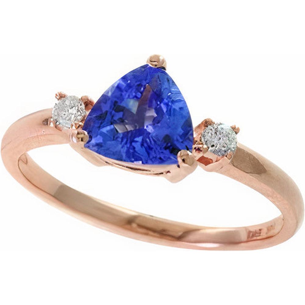 14K Rose Gold Three-Stone Ring with Triangular 1.02 Carat Tanzanite and 0.09 Carat Diamonds