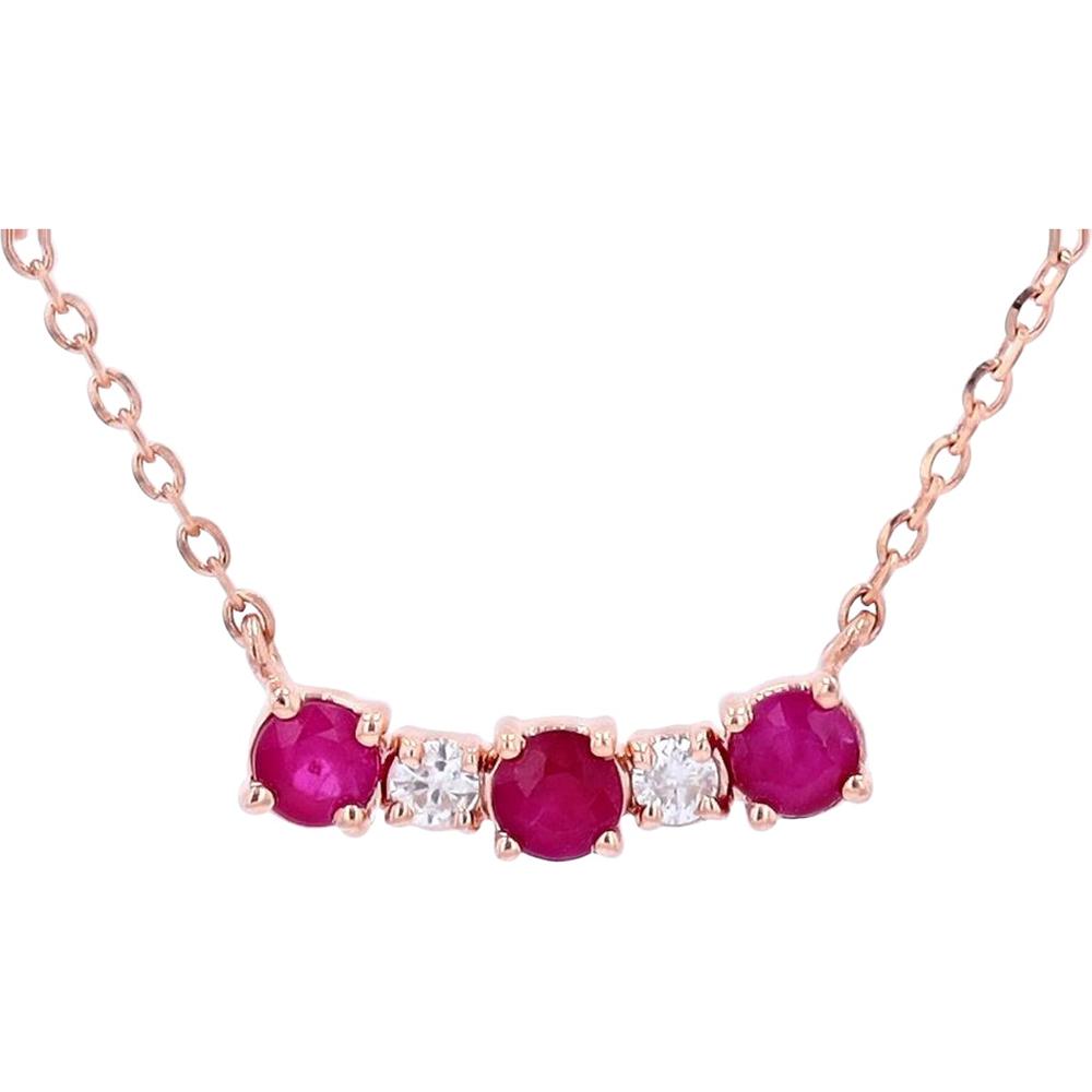 14K Rose Gold Three Stone Ruby and Diamond Necklace with 0.05 Carats Total Diamond Weight