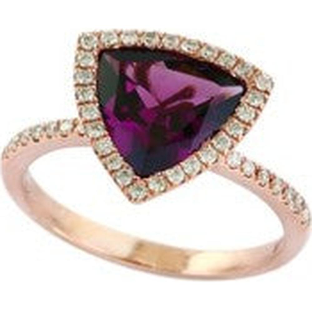 14K Rose Gold Trillion Cut Rhodolite and Diamond Halo Ring - 2.30 Carat Rhodolite, 0.24 Carat Diamonds