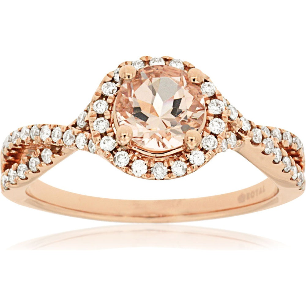 14K Rose Gold Twisted Halo Ring with Round Morganite and Pavé Set Diamonds - 0.75 Carat Morganite and 0.30 Carat Total Diamond Weight - Royal Jewelry