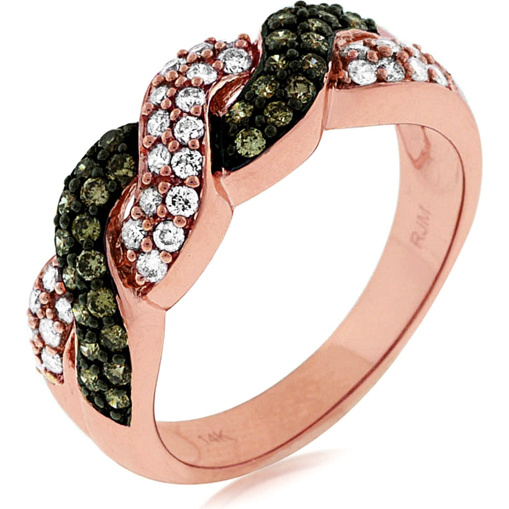 14K Rose Gold Twisted Ribbon Ring with Round White Diamonds and Mocha Diamonds - 0.30 Carat White Diamond and 0.32 Carat Mocha Diamond Total Weight - Royal Jewelry