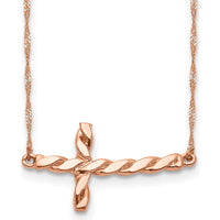 14K Rose Gold Twisted Sideways Cross Pendant Necklace - 17" Rope Chain with Polished Finish by 0