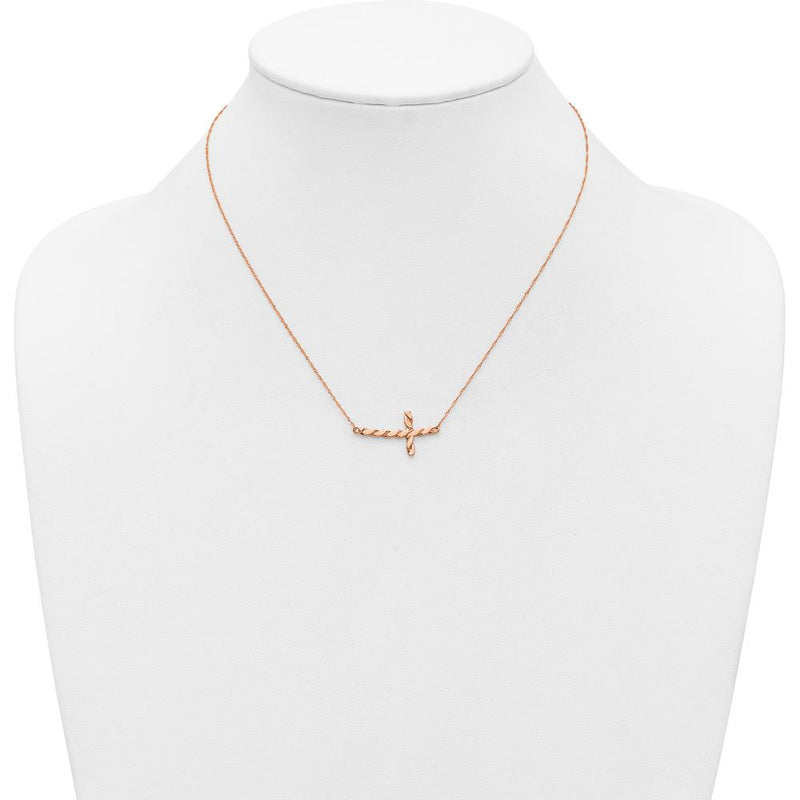 14K Rose Gold Twisted Sideways Cross Pendant Necklace - 17" Rope Chain with Polished Finish by 0