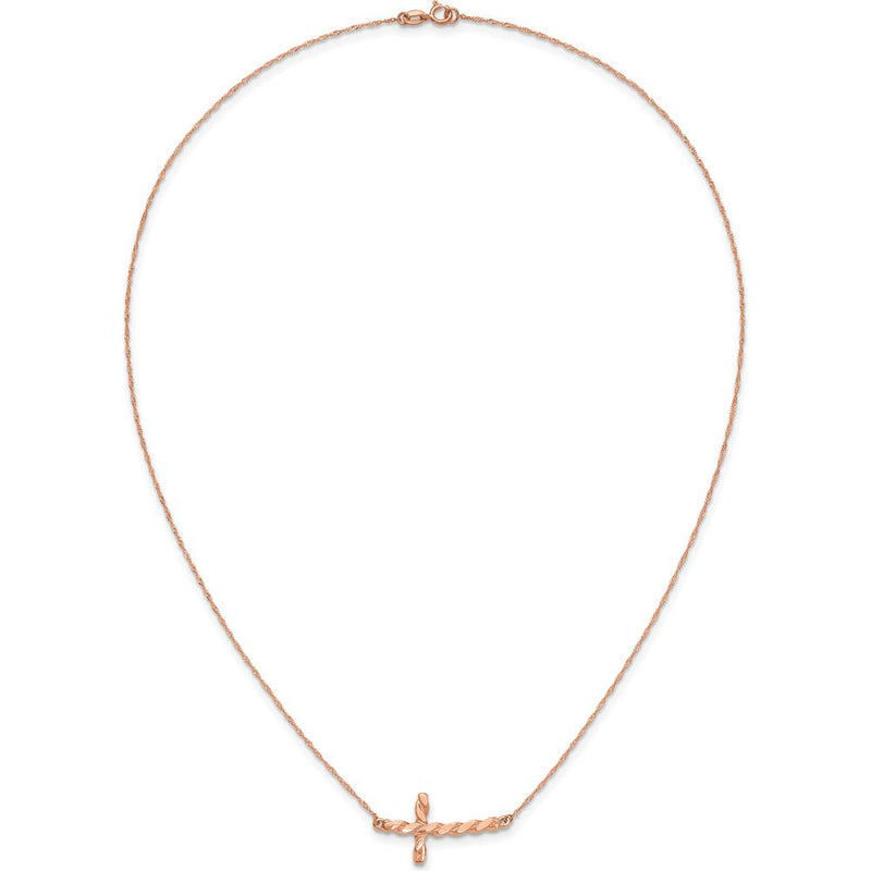 14K Rose Gold Twisted Sideways Cross Pendant Necklace - 17" Rope Chain with Polished Finish by 0