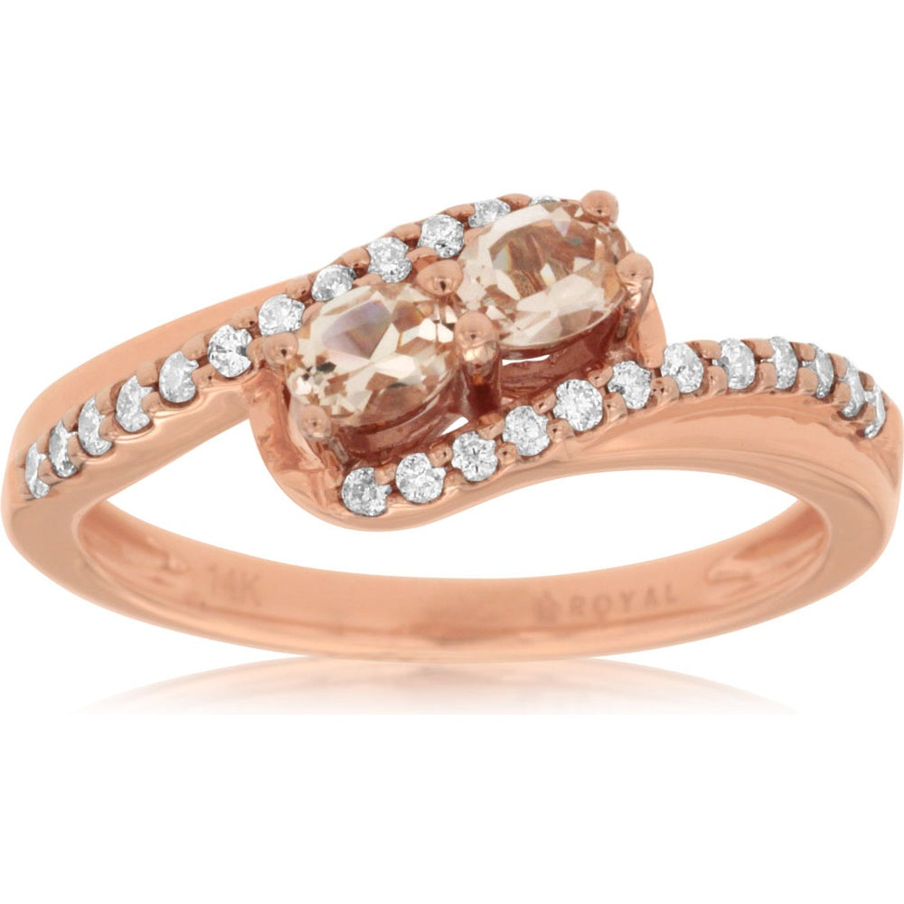 14K Rose Gold Two-Stone Ring with Oval Morganites and Pave Set Round Diamonds - 0.30 Carat Morganite Weight and 0.20 Carat Diamond Weight - Royal Jewelry