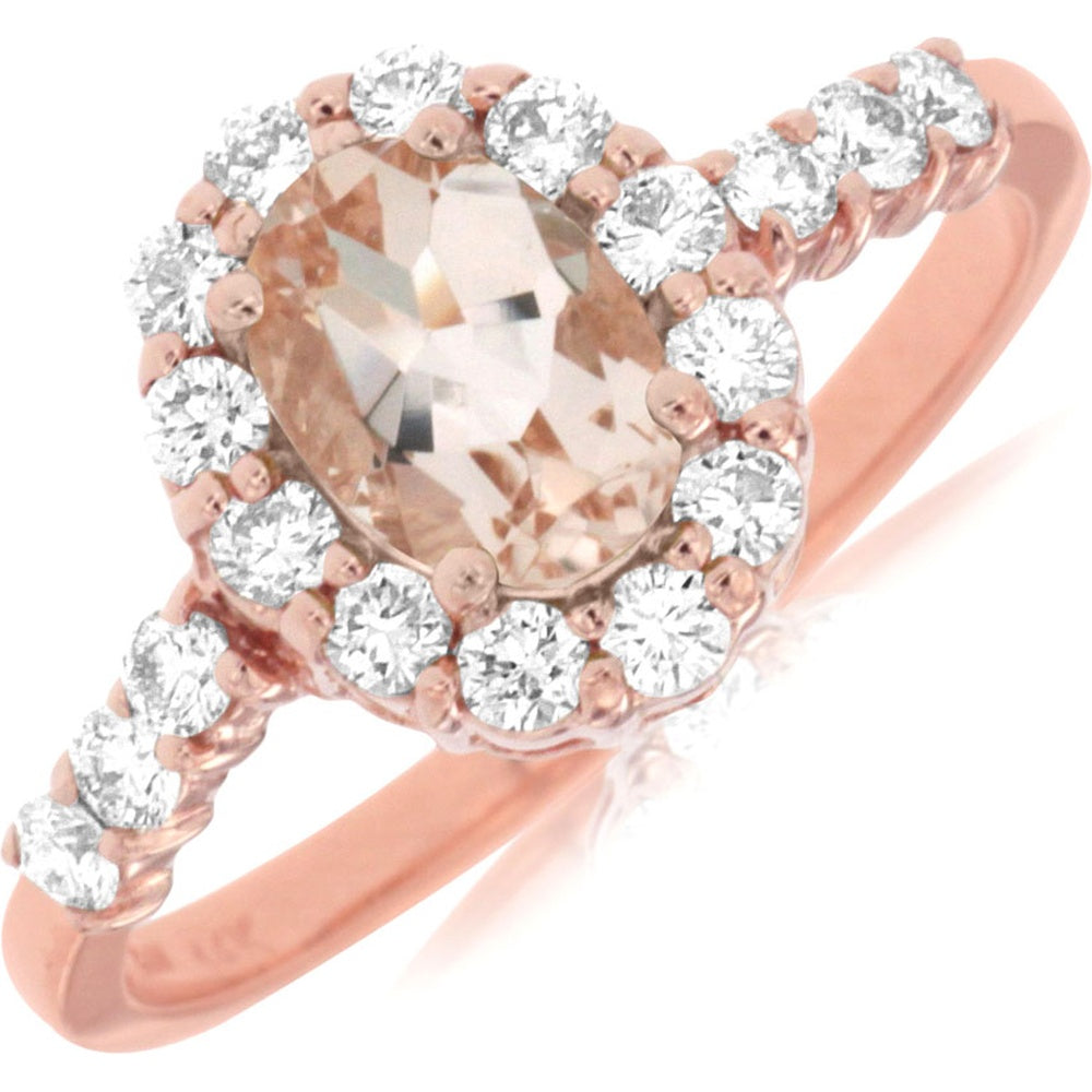 14K Rose Gold Vintage Halo Ring with Oval Morganite and Round Diamonds - 0.65 Carat Morganite and 0.47 Carat Total Diamond Weight - Royal Jewelry