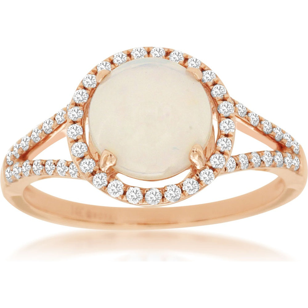 14K Rose Gold Vintage Halo Ring with Round Opal and Pave Set Diamonds - 1.20 Carat Opal and 0.31 Carat Total Diamond Weight - Royal Jewelry