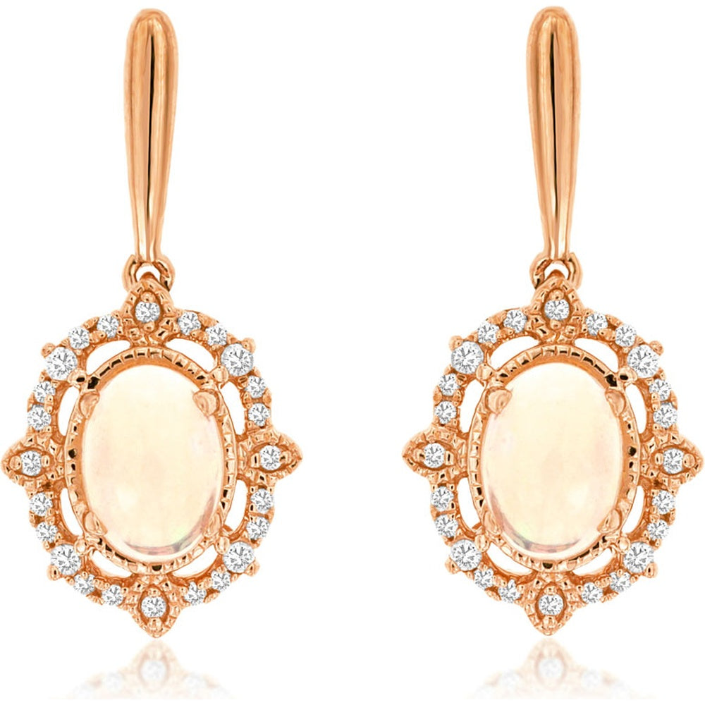 14K Rose Gold Vintage-Inspired Drop Earrings with Oval Opals and Diamond Halo Accents - 1.00 Carat Total Opal Weight and 0.16 Carat Total Diamond Weight - Royal Jewelry