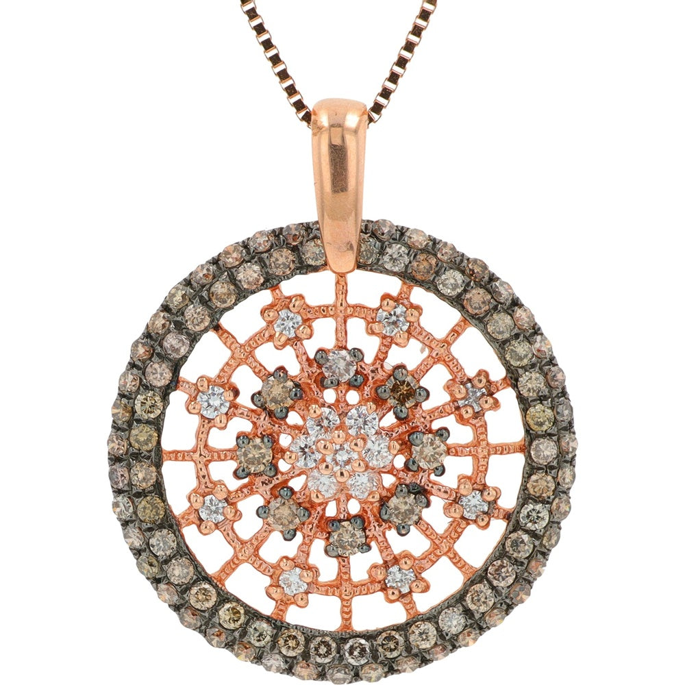 14K Rose Gold Vintage-Inspired Floral Medallion Pendant with Champagne and White Diamonds - 0.93 Carat Total Diamond Weight
