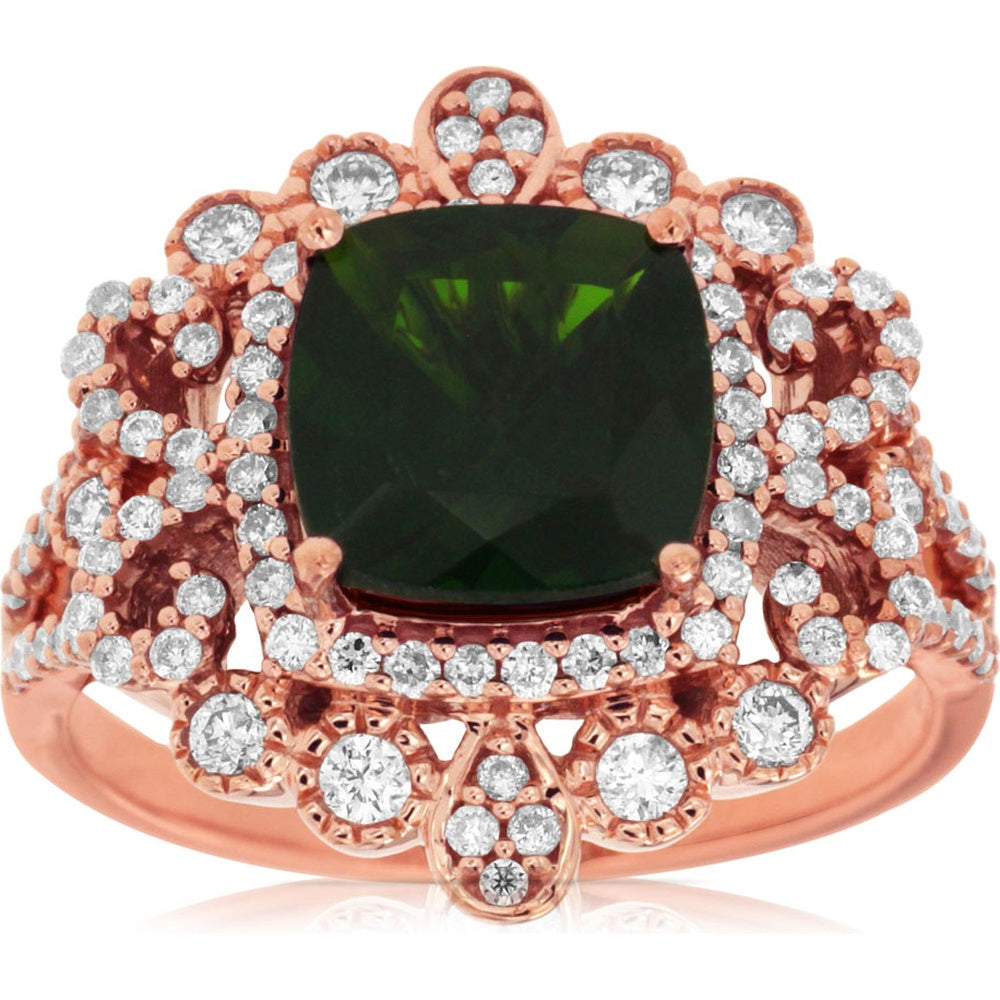 14K Rose Gold Vintage-Inspired Halo Ring with 2.15 Carat Cushion-Cut Russalite and 0.60 Carat Round Diamonds - Royal Jewelry