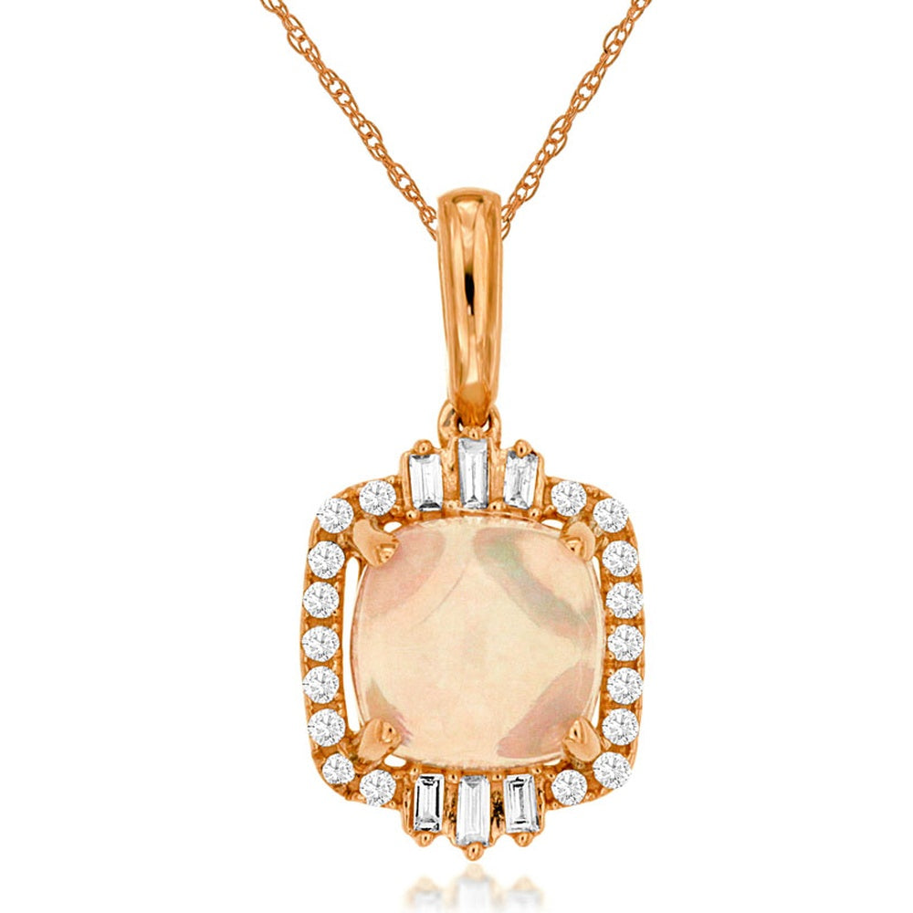 14K Rose Gold Vintage-Inspired Pendant with Cabochon Opal and Baguette & Round Diamond Halo - 1.40 Carat Opal and 0.18 Carat Total Diamond Weight - Royal Jewelry
