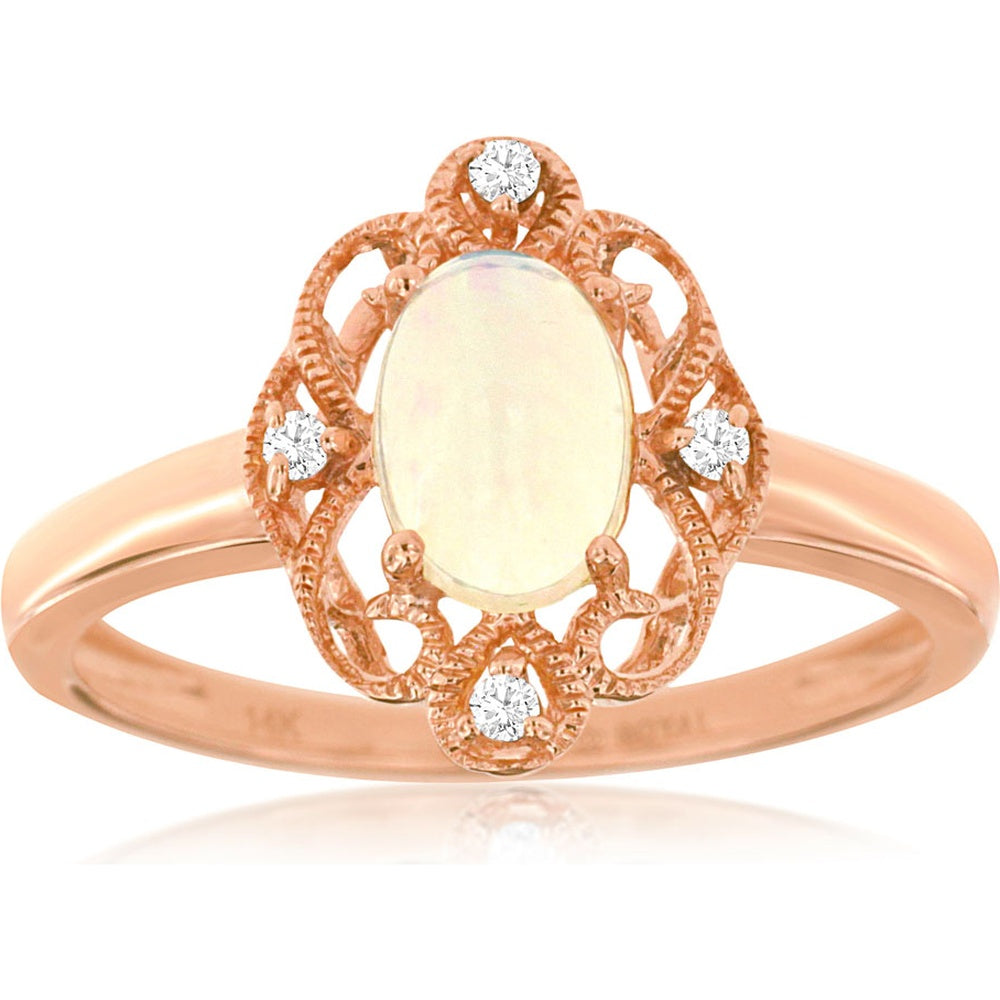14K Rose Gold Vintage-Inspired Ring with Oval Opal and Diamond Accents - 0.50 Carat Opal and 0.04 Carat Diamond Total Weight - Royal Jewelry
