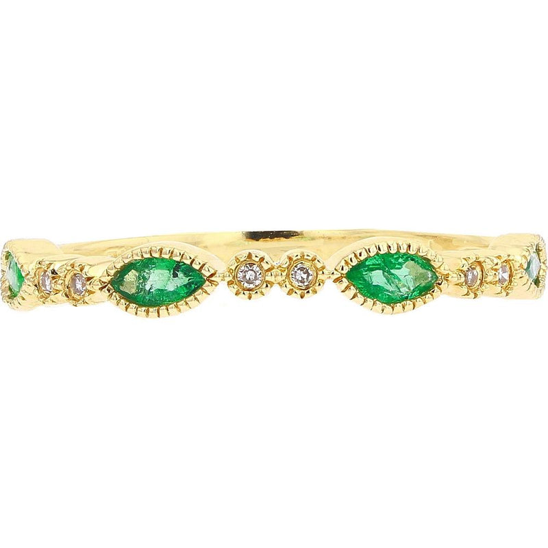 14K Rose Gold Vintage-Inspired Wedding Band with Marquise Emeralds and Round Diamonds - 0.64 Carats Emerald and 0.03 Carats Diamond Total Weight