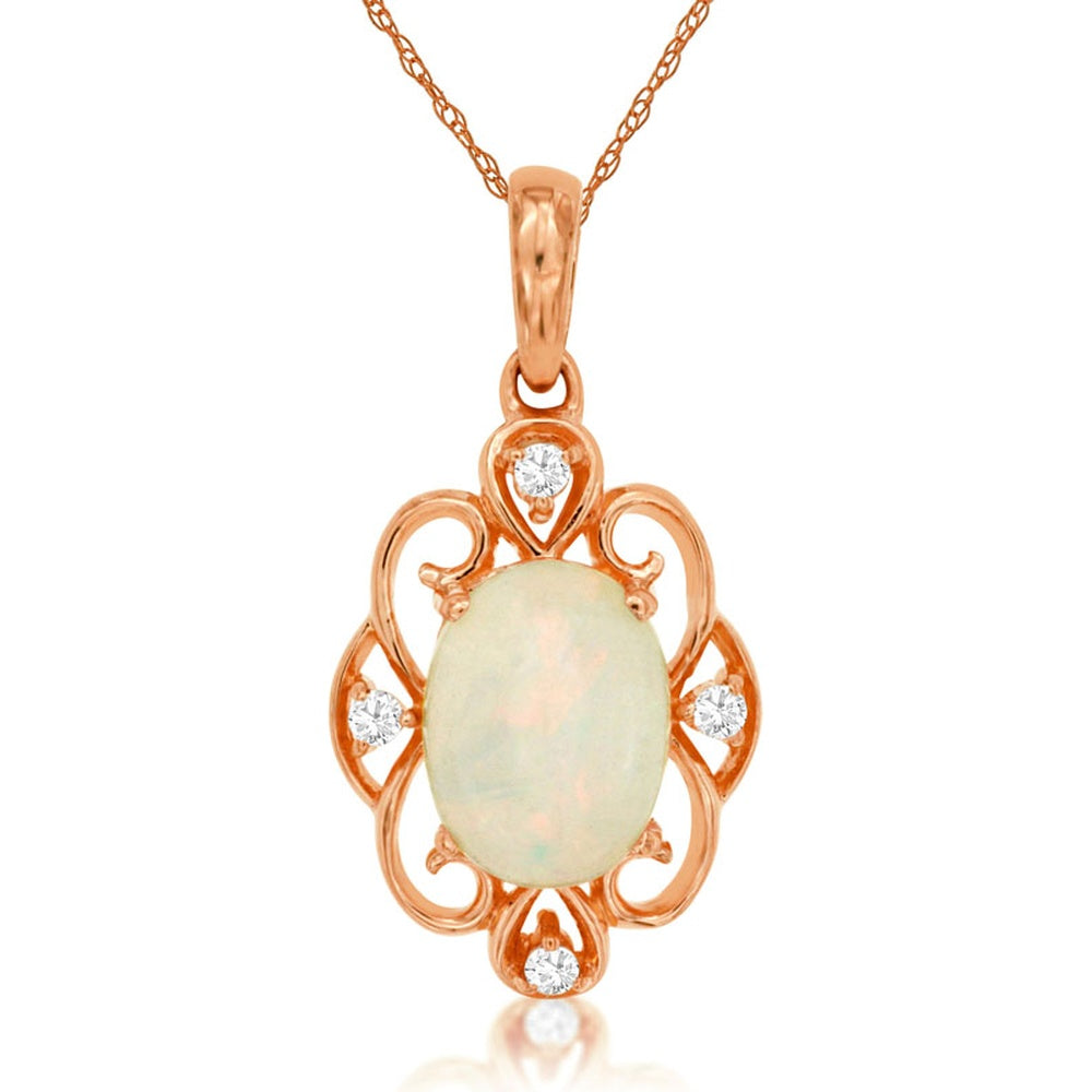 14K Rose Gold Vintage Scroll Pendant with Oval Opal and Diamond Accents - 0.90 Carat Opal and 0.04 Carat Total Diamond Weight - Royal Jewelry