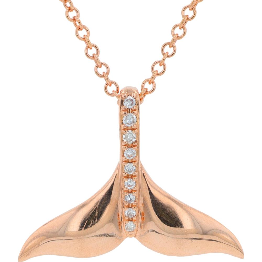 14K Rose Gold Whale Tail Pendant with Prong-Set Round Diamonds - 0.05 Carat Total Diamond Weight