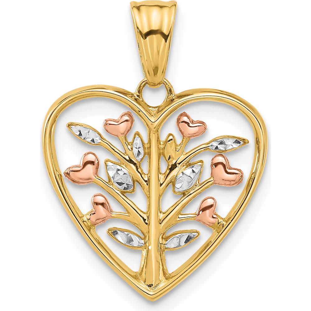 14K Rose-plated and White Rhodium Diamond-cut Tree in Heart Pendant - 24.1mm Length by Oro Pregiato