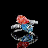 14K Three Tone Bypass Ring with Pear Shaped Fancy Vivid Pink and Blue Lab Diamonds and Pavé Accents - 3.27 Total Carat Weight - Covaloro Fine Jewelry