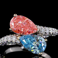 14K Three Tone Bypass Ring with Pear Shaped Fancy Vivid Pink and Blue Lab Diamonds and Pavé Accents - 3.27 Total Carat Weight - Covaloro Fine Jewelry