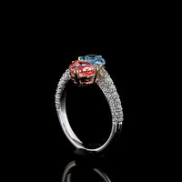 14K Three Tone Bypass Ring with Pear Shaped Fancy Vivid Pink and Blue Lab Diamonds and Pavé Accents - 3.27 Total Carat Weight - Covaloro Fine Jewelry