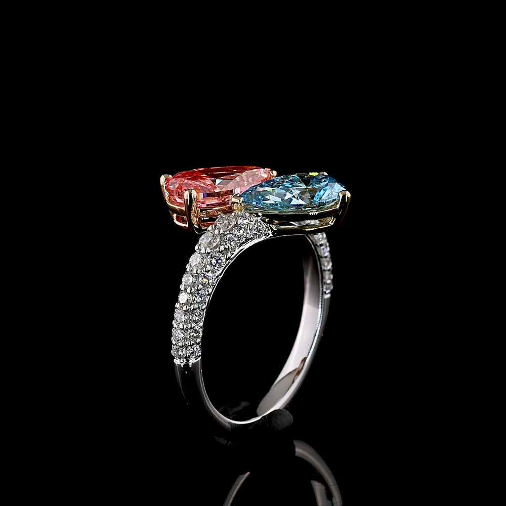 14K Three Tone Bypass Ring with Pear Shaped Fancy Vivid Pink and Blue Lab Diamonds and Pavé Accents - 3.27 Total Carat Weight - Covaloro Fine Jewelry
