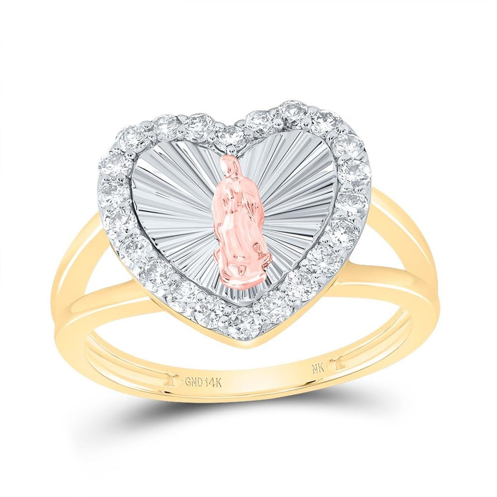 14K Three-Tone Gold Virgin Mary Heart Ring with Natural Diamonds - 1/2 Carat Total Diamond Weight