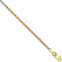 14K Tri-Color 10" Diamond-Cut Rope Anklet with Lobster Clasp