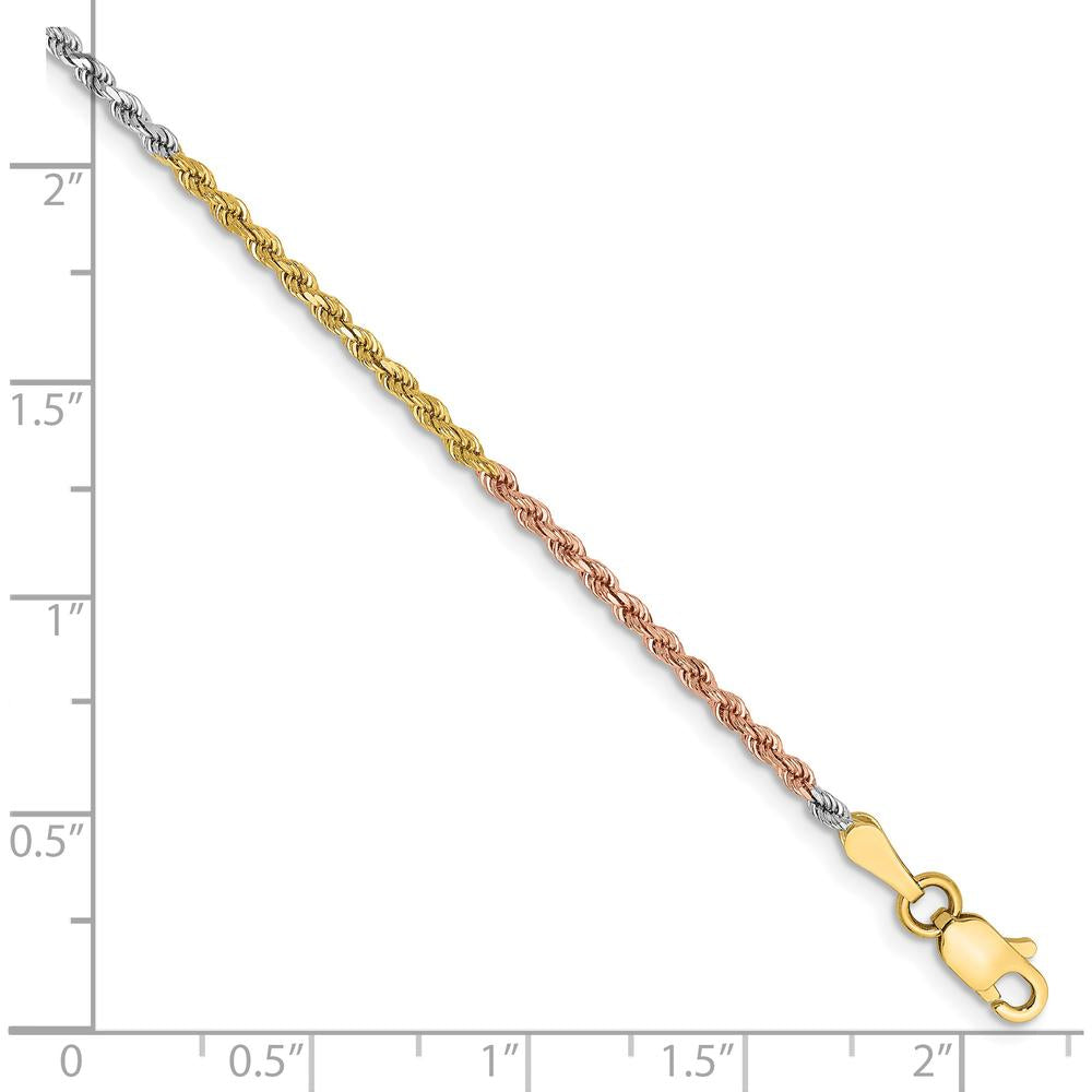 14K Tri-Color 10" Diamond-Cut Rope Anklet with Lobster Clasp
