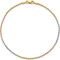 14K Tri-Color 10" Diamond-Cut Rope Chain Anklet with Lobster Clasp