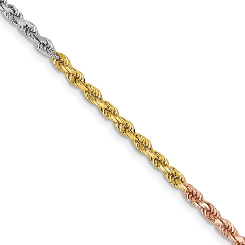 14K Tri-Color 18" Diamond-Cut Rope Chain Necklace with Lobster Clasp - 2.5mm Solid Gold