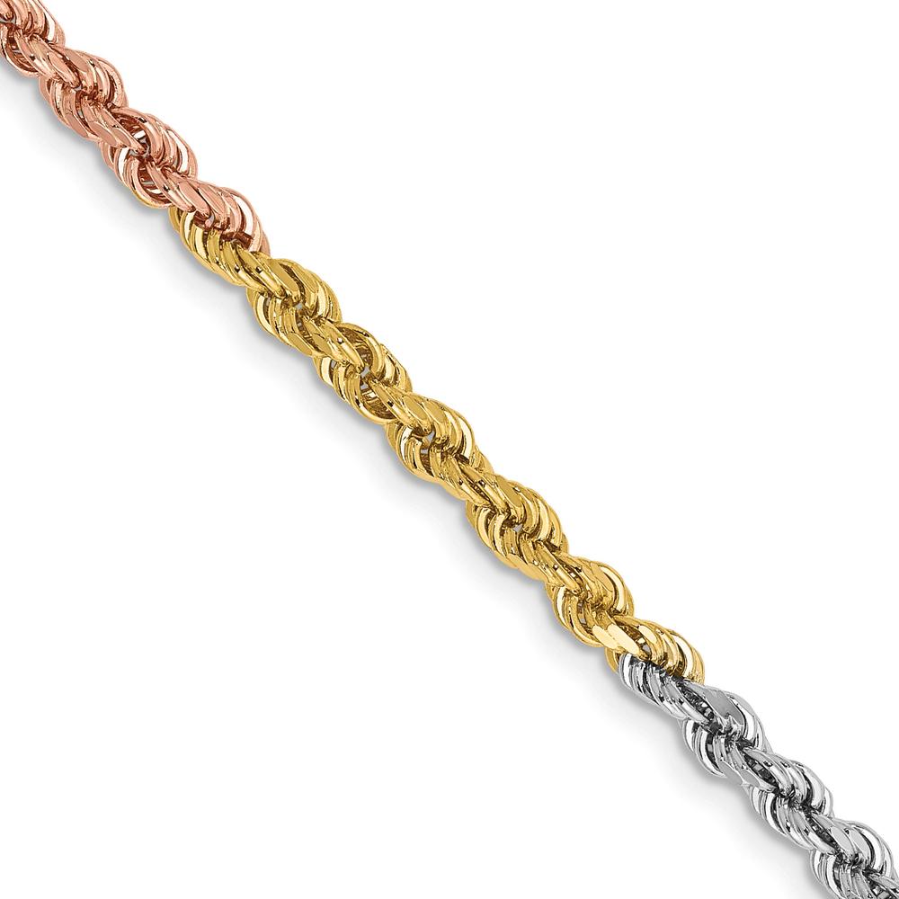 14K Tri-Color 18" Diamond-Cut Rope Chain Necklace with Polished Finish and Lobster Clasp - 2.9mm