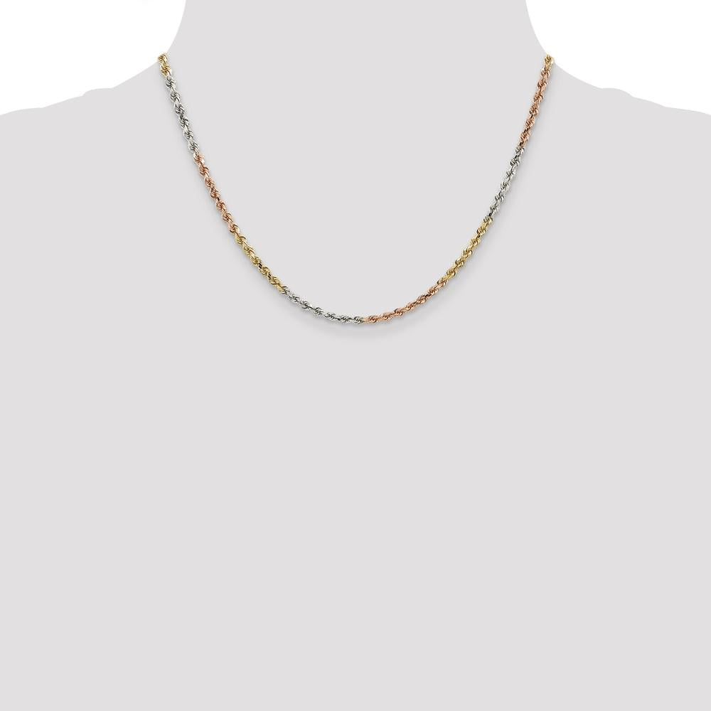 14K Tri-Color 18" Diamond-Cut Rope Chain Necklace with Polished Finish and Lobster Clasp - 2.9mm