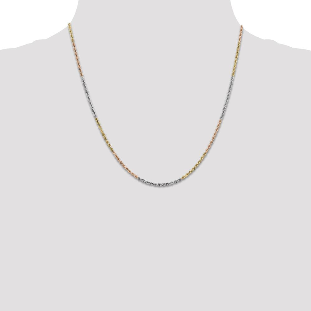 14K Tri-Color 20" Diamond-Cut Rope Chain Necklace with Lobster Clasp - 1.75mm Solid Gold