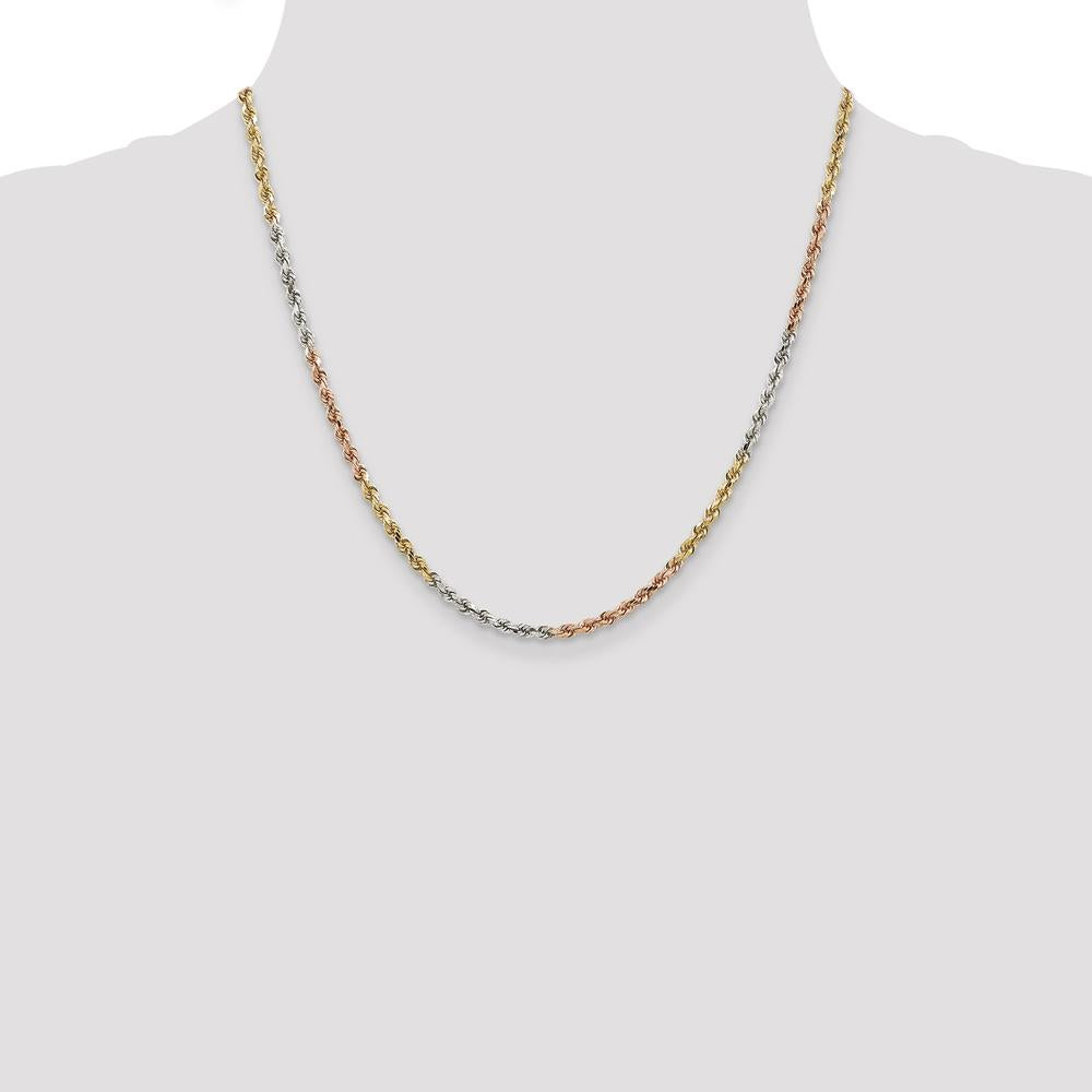 14K Tri-Color 20" Diamond-Cut Rope Chain Necklace with Polished Finish - 2.9mm
