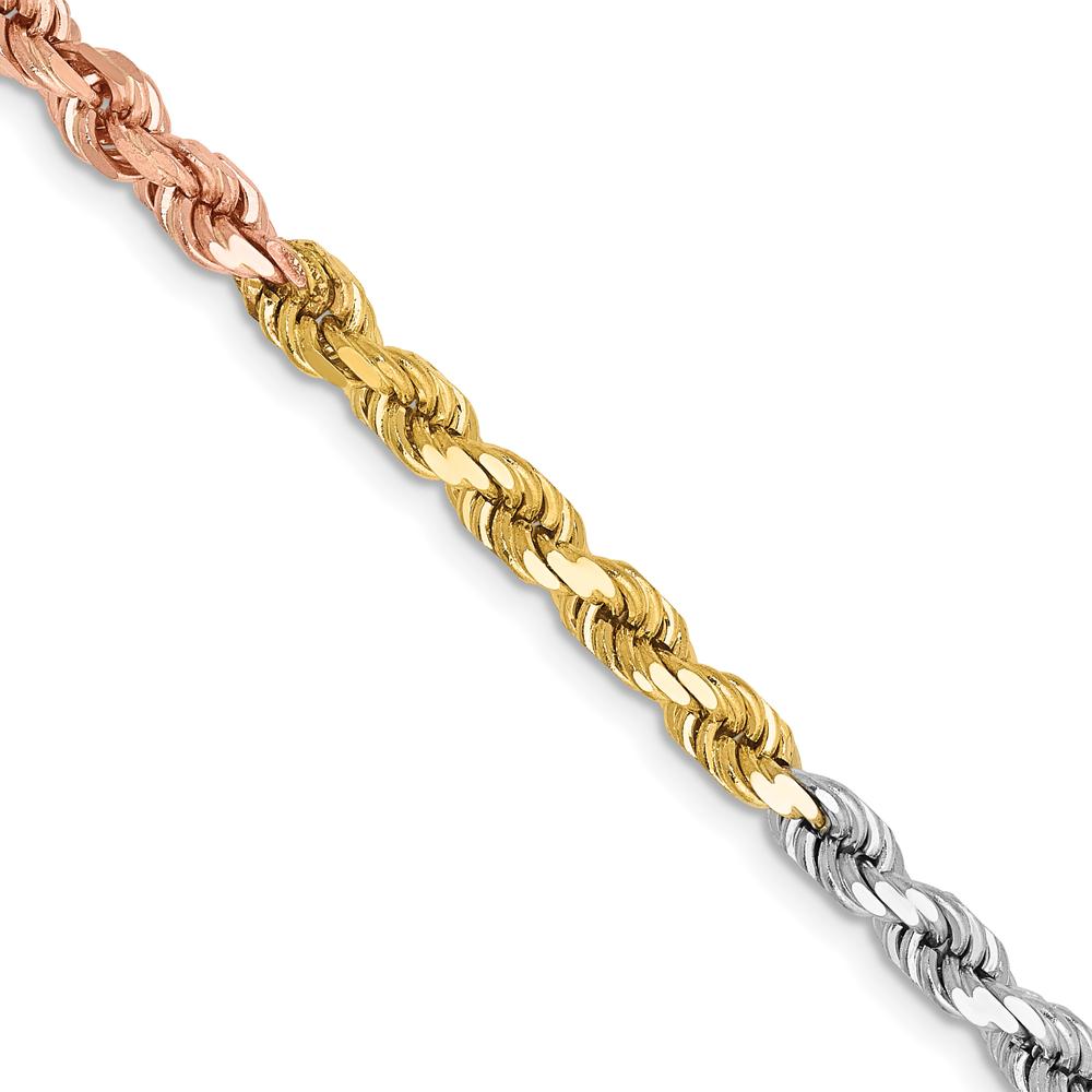 14K Tri-Color 20" Solid Diamond-Cut Rope Chain Necklace with Lobster Clasp - 4mm