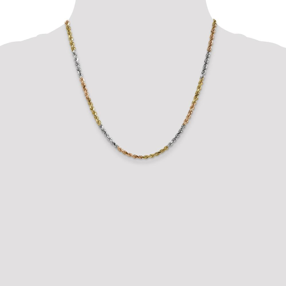 14K Tri-Color 20" Solid Diamond-Cut Rope Chain Necklace with Lobster Clasp - 4mm