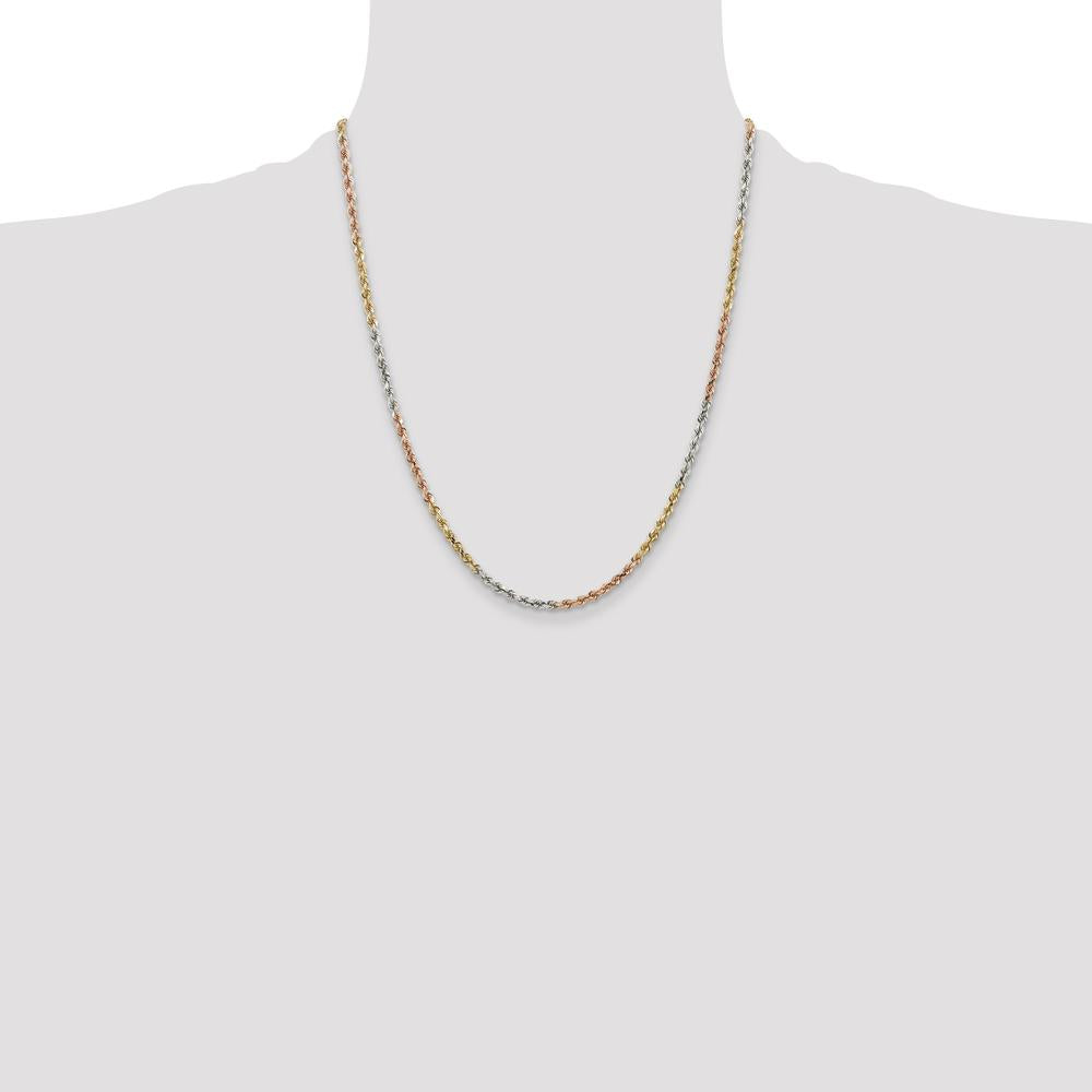 14K Tri-Color 22" Diamond-Cut Rope Chain Necklace - 2.9mm Solid Gold