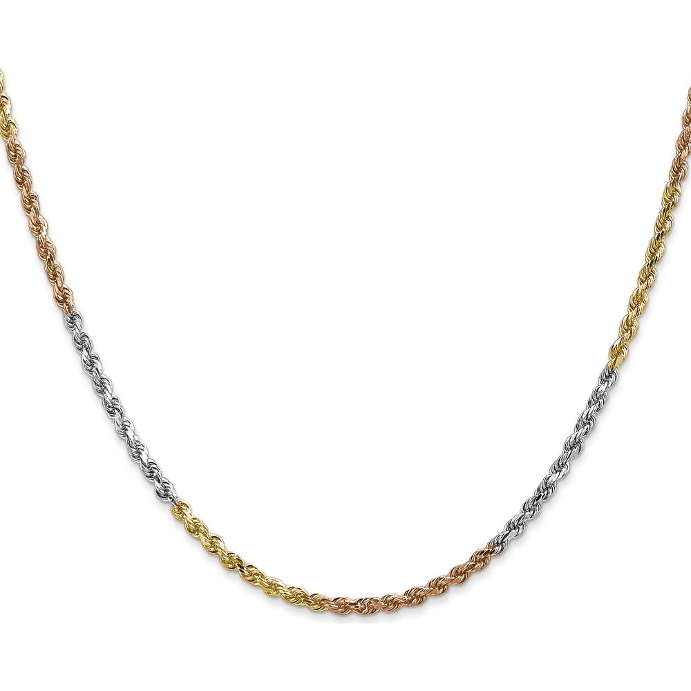 14K Tri-Color 22" Diamond-Cut Rope Chain Necklace with Lobster Clasp - 2.5mm Solid Gold