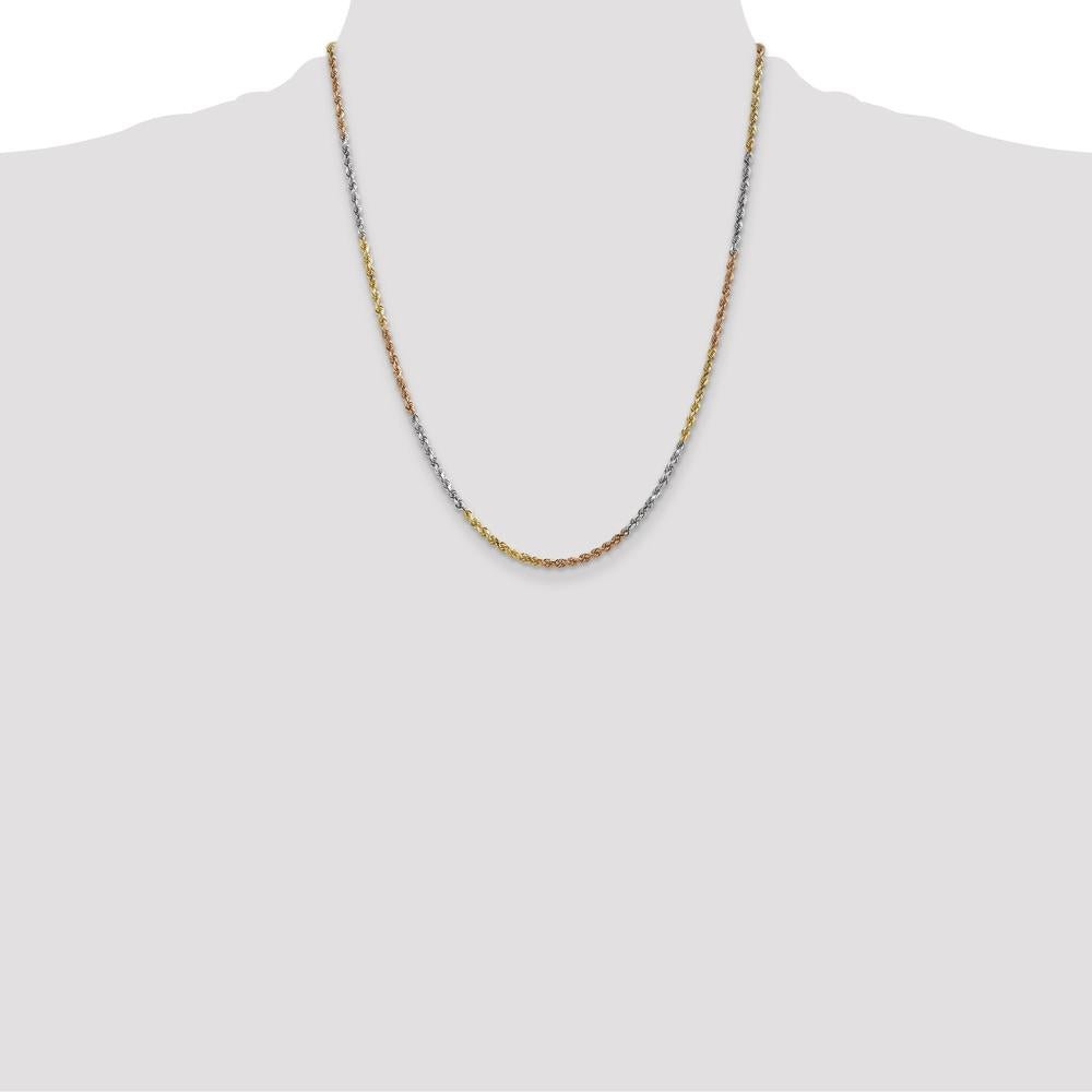 14K Tri-Color 22" Diamond-Cut Rope Chain Necklace with Lobster Clasp - 2.5mm Solid Gold