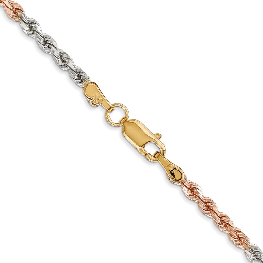 14K Tri-Color 24" Diamond-Cut Rope Chain Necklace with Lobster Clasp - 2.9mm Solid Polished Gold